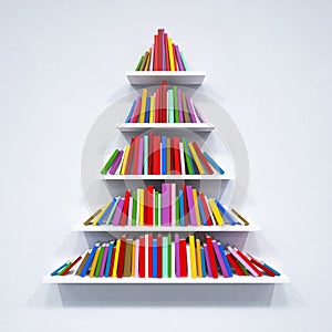 Christmas tree from books on the shelf, 3d render