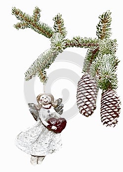 Christmas tree branch with angel, spruce tree twig , Christmas decoration toy