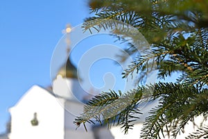 Christmas tree branch on the background of the Orthodox icon and the cross.