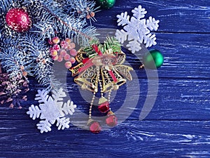 Christmas tree branch, ball on decorative table celebration wooden background