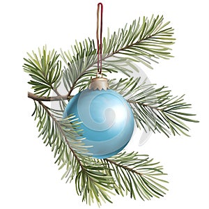 Christmas tree branch with blue ball. Holiday card with glass ball on fir branches isolated on white background