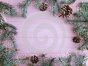 Christmas tree branch, a bump on a pink wooden background