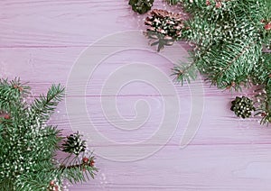 Christmas tree branch, a bump traditional on a pink wooden background