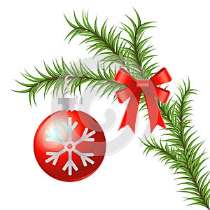 Christmas tree branch with Christmas decorations and red bow. Element for new year or Christmas design. Vector