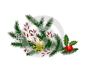 Christmas Tree Branch with Colorful Decorative Elements Vector Illustration