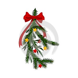 Christmas Tree Branch with Colorful Decorative Elements Vector Illustration
