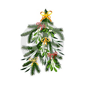 Christmas Tree Branch with Colorful Decorative Elements Vector Illustration