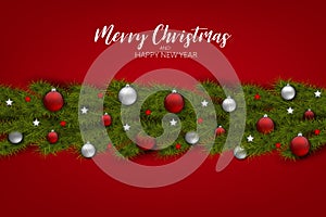 Christmas tree branch decoration with glass balls and small stars. Holiday season greeting card. Typography text
