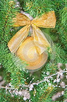 Christmas tree branch with decorations beckground