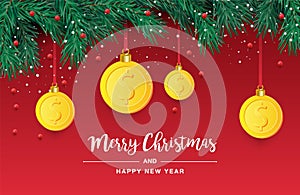 Christmas tree branch with decorative gold dollar symbol. Dollar sign as christmas bauble hanging on pine twig. Vector image for