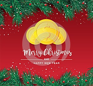 Christmas tree branch with decorative gold dollar symbol. Dollar sign as christmas bauble hanging on pine twig. Vector image for