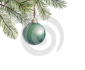 Christmas tree branch with green ball. Holiday card with glass ball on fir branches isolated on white background