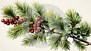 Christmas tree branch. Hand painted Christmas fir branch isolated. Botanical illustration.