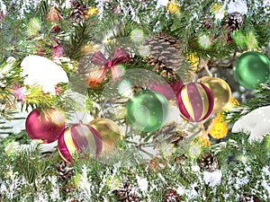Christmas tree branch with illumination and festive snowy red green gold ball holiday background