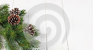 Christmas tree branch with a pine cone on a wooden background