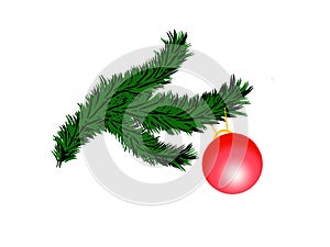 Christmas tree branch and red ball for New year holiday 2D illustration isolated on white.