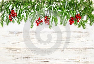 Christmas tree branch with red berries. Festive decoration