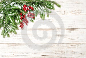 Christmas tree branch with red berries. Winter holidays