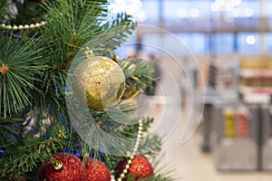 Christmas tree branch with red gold ball toy, christmas background for holiday design