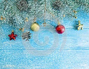 Christmas tree branch seasonal vintage , border decoration wooden background, snow