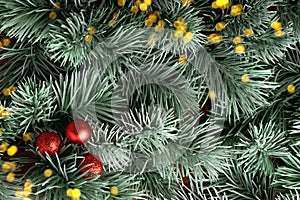 Christmas tree branch with several red baubles