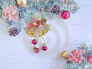Christmas tree branch, snow banner celebration ornament seasonal on a white wooden background frame