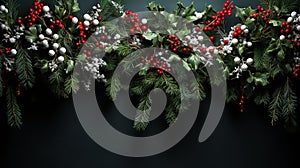 Christmas tree branches background, red barries close up