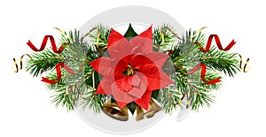 Christmas tree branches, bells and red poinsettia flower in a holiday line arrangement isolated