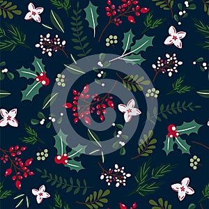 Christmas tree branches and berries seamless pattern. Winter holidays blue wrap paper design