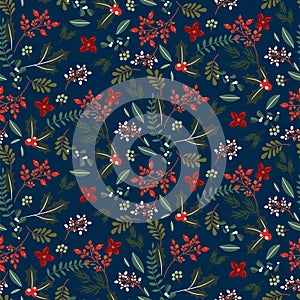 Christmas tree branches and berries seamless pattern. Winter holidays blue wrap paper design