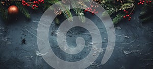 Christmas tree branches, cones, berries texture minimalism copy space. Christmas texture. Horizontal format for banners, posters,