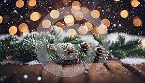 christmas tree branches and cones Christmas Fir Tree On Wooden Background With Snowflakes