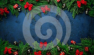 Christmas Tree Branches and Decoration on Top and Bottom. Banner Dark Blue Background Copy Space