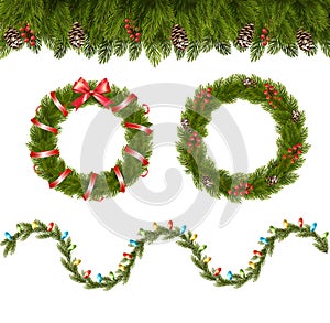 Christmas tree branches and garland with colorful light bulbs the shape of a wavy line. Transparent decorative garland. Christmas