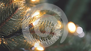 Christmas tree branches with glowing garland. Christmas lights. X-mas or New Year decor. Party event decoration. Generative AI.