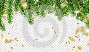 Christmas tree branches and Golden confetti on a transparent background. Template for holiday design.Vector illustration