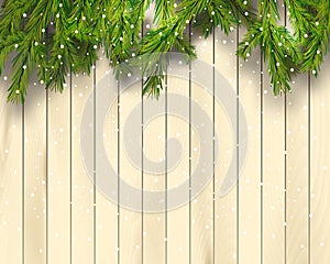 Christmas tree branches on light wooden background, vector illustration. Top view. Realistic fir-tree border, frame