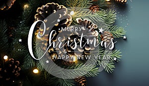 Christmas tree branches with pine cones and lights on blue background. Merry Xmas card. Happy New Year. Generative Ai