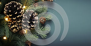 Christmas tree branches with pine cones and lights on blue background. Merry Xmas card. Happy New Year greetings. Generative Ai