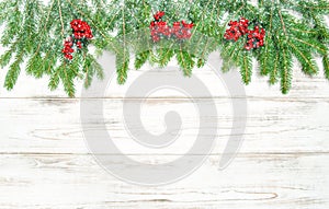 Christmas tree branches and red berries in snow decoration