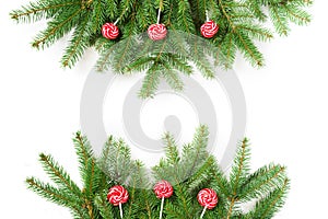 Christmas tree branches and red lolipop on a white background. View from above.