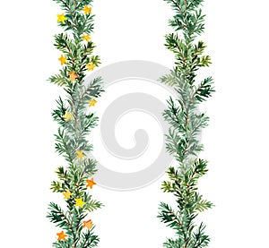 Christmas tree branches seamless border. Pine, fir twigs with stars. Watercolor repeated frame with New Year decorations
