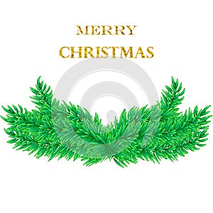 Christmas tree branches set for decoration. Spruce branches of different shapes. Postcard with gold inscription Merry Christmas,