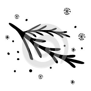 Christmas tree branches with toy. Fir branches. Hand drawn graphics holiday illustration. Cartoon isolated on white