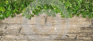 Christmas tree branches wooden background header