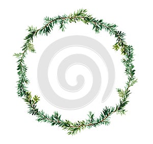 Christmas tree branches wreath. Pine, spruce twigs in round frame. Watercolor design