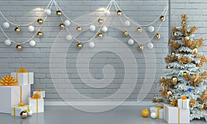 Christmas tree on brick white wall background.