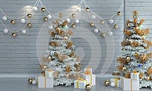 Christmas tree on brick white wall background.