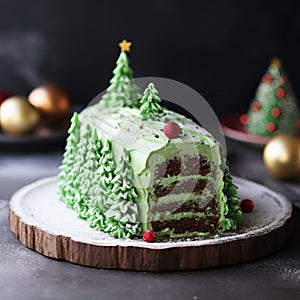 Christmas Tree Cake With Green Frosting And Red Ornaments
