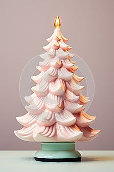 Christmas tree candle of pink color on a light background. Generative AI
